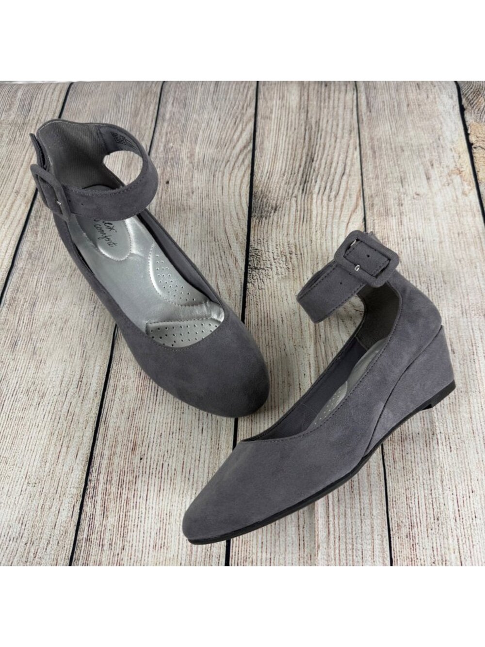 Dexflex Comfort Grey Suede Wedge Heels Buckle Ankle Strap Size 7.5W